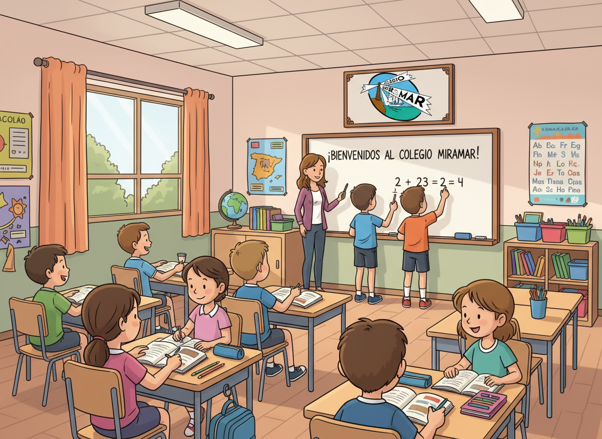 Ilustración de un aula de primaria con una maestra y varios niños aprendiendo, algunos escribiendo en la pizarra y otros en sus pupitres.